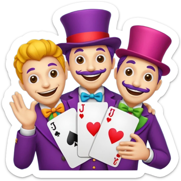 3 poker cards, with crazy colorful human jolly jokers inside, puppeteers sticker