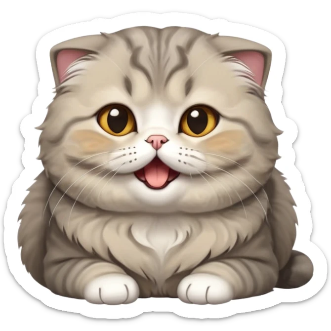Cinematic-Adorable-Scottish-Fold-Cat-Portrait-Emoji – Big-eyed, fluffy Scottish Fold cat with a playful head tilt and a cute yawn, plush solid-grey fur, signature small folded ears enhancing its round face, simplified yet irresistibly cute features, expressive amber eyes filled with quiet curiosity, highly detailed with a gentle glow. sticker