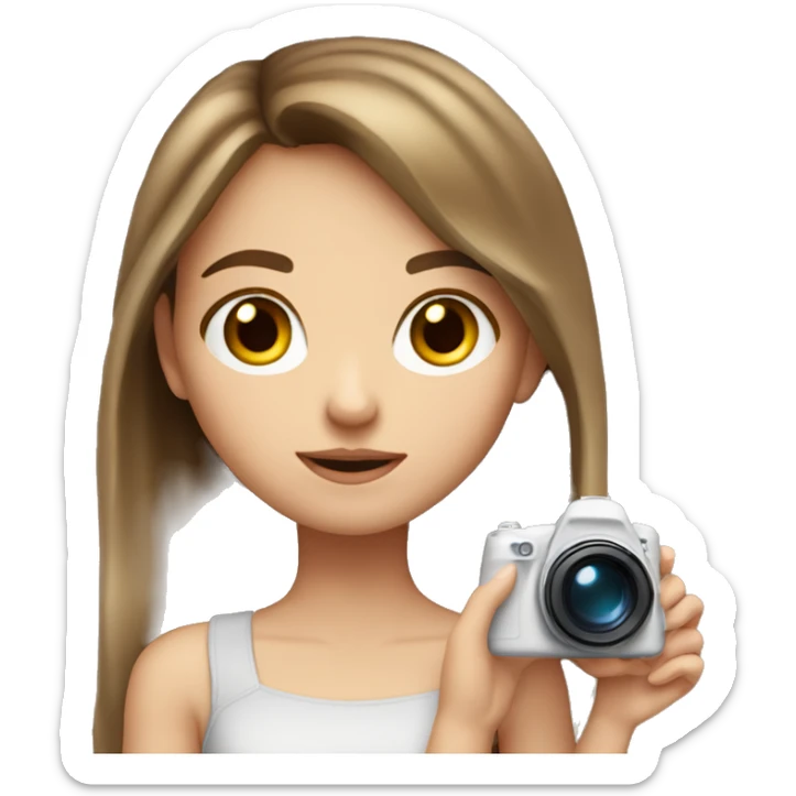 white girl brown hair taking a picture of something in front of her leaning towards my right sticker