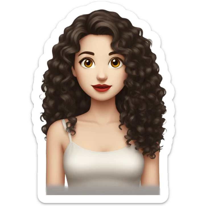 girl, really dark brown hair, curly hair, dark brown eyes, pale skin, red lips, long hair sticker