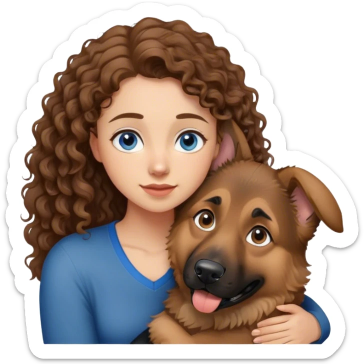German Shepherd, Young Curly hair woman mit blaue Augen und umarmen  sticker