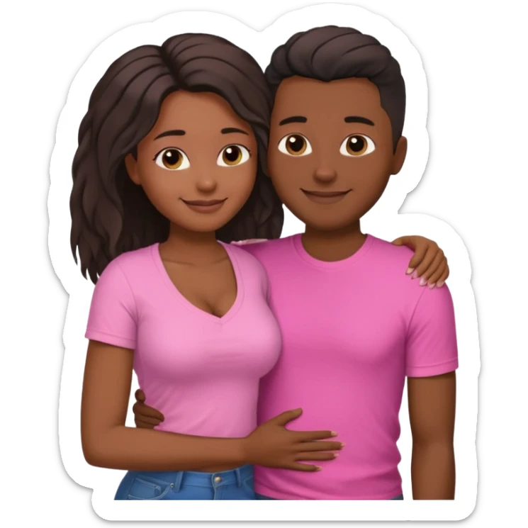 Black lesbian couple with one dark skin masculine with short hair low cut fade with a t shirt with breasts and one feminine with very long hair in a pink blouse hugging  sticker