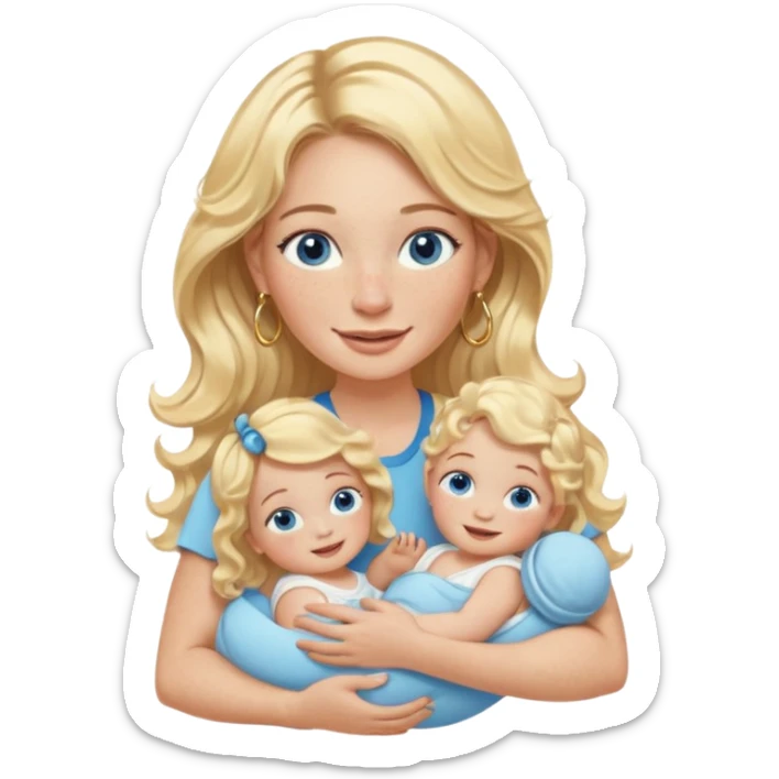 Wavy blonde, white woman with blue eyes, freckles hoop earrings, holding babies smiling and really cute in gold hoops she needs to be holding three newborns, and she needs to be more cute than pretty sticker