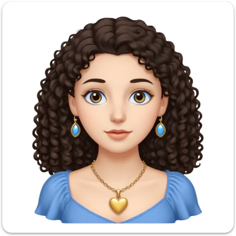 white girl, dark curly hair, big brown eyes, oval face, straight nose, full lips, soft eyebrows, wearing a delicate blue dress, a golden heart necklace, long eyelashes  sticker