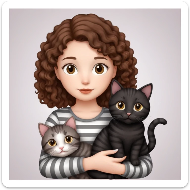 Girl with curly hair holding three cats, one black cat, one grey cat, and one grey-striped cat sticker