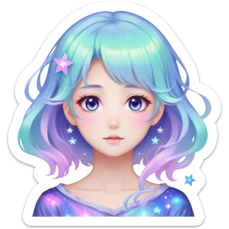 Beautiful gorgeous anime lady with beautiful iridescent-nebula-hair, fashion aesthetic, ethereal, fairycore, pastelcore sticker