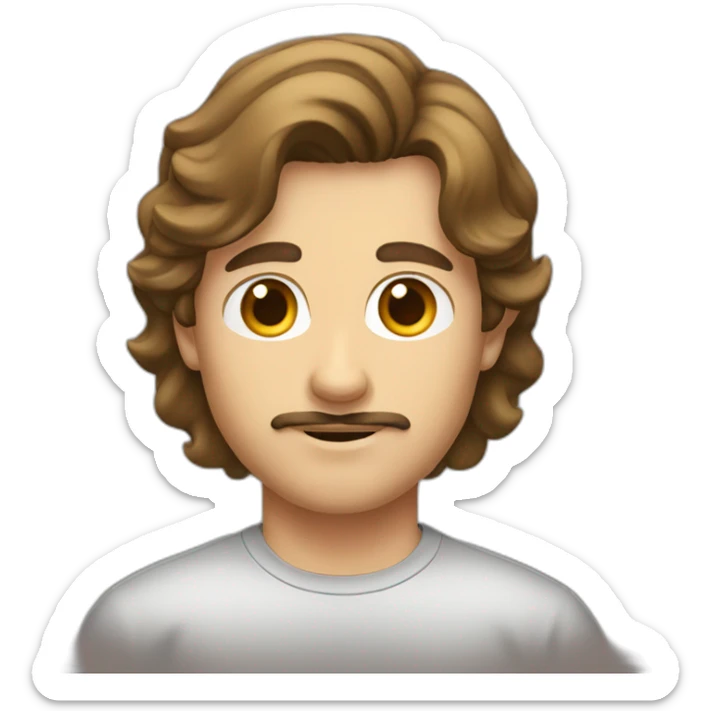 A young man with brown hair and a mullet haircut and a moustache sticker