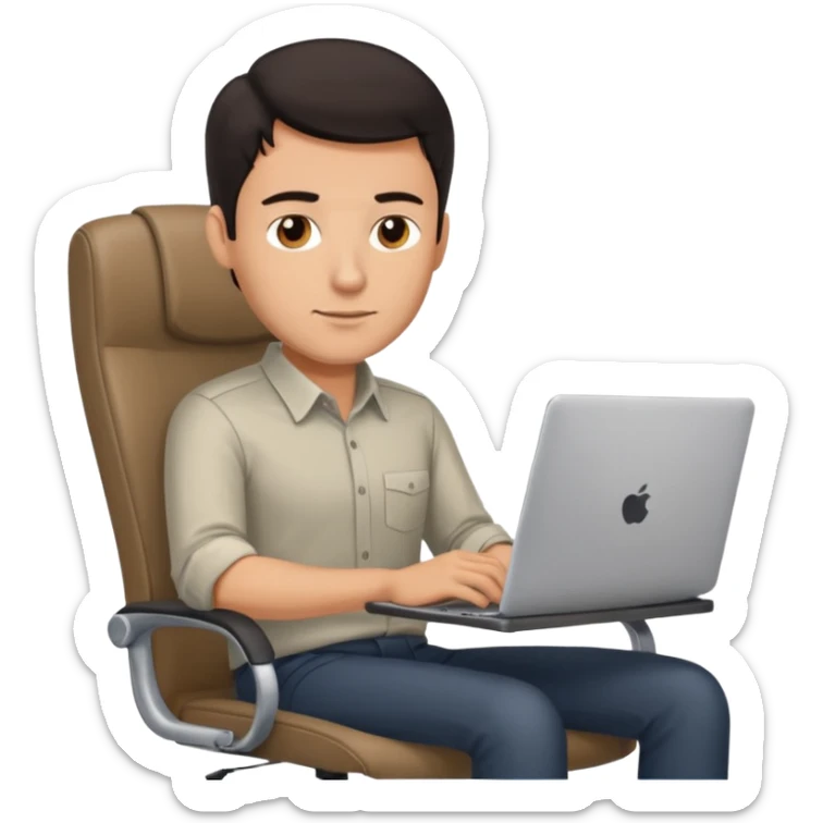 Rich man sitting on a office chair, working at desk, looking to laptop in shirt, dark hair, he is german very beautiful looks like, full body view sticker