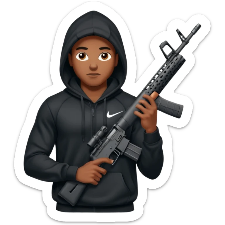 
Fais moi un jeune afro américain qui ressemble a un gangster qui tient une AR15 avec un hoodie a capuche, capuché, avec la cagoule nike therma fit hood sticker