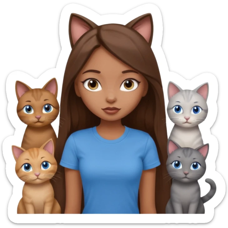 a pretty bratz dusky girl with long brown hair, blue eyes with six cats nd wearing a grey tshirt sticker