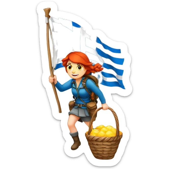 red hair female winter mountaineer climbing Easter basket and Greek flag sticker