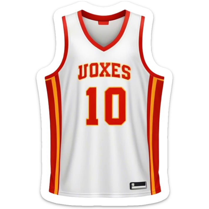 Cinematic Realistic image of a basketball jersey rendered in bold team colors with finely textured fabric and realistic creases, set against an energetic court backdrop with bright, dynamic lighting sticker
