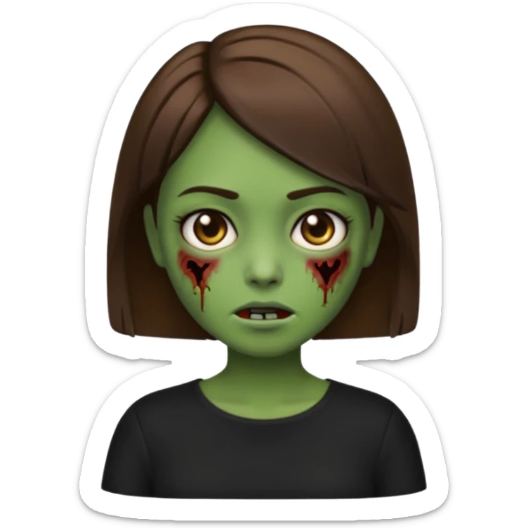 Zombie girl emoji verde um pouco escuro com cabelo curto liso castanho no ombro com uma blusa preta sticker