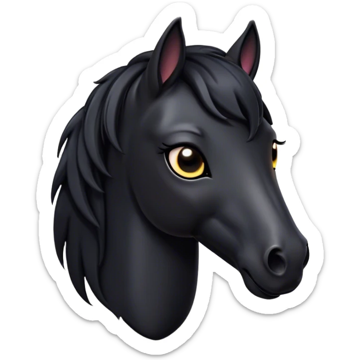 Cinematic Cute Black Horse Portrait Emoji, Head tilted playfully and inquisitively, showcasing a glossy black fur with a striking sheen and expressive dark eyes filled with curiosity, Simplified yet irresistibly adorable features, highly detailed, glowing with a warm, friendly glow, high shine, affectionate and spirited, stylized with a touch of whimsy, bright and endearing, soft glowing outline, capturing the essence of a mischievous yet loving horse, so playful it feels like it could trot out of the screen and into your arms! sticker