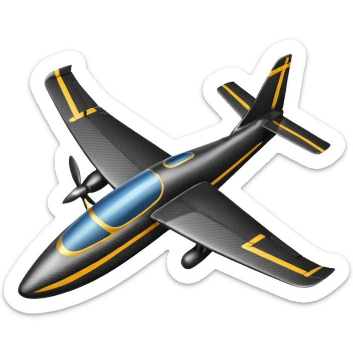Emoji of a black rc plane. The design is a long thin carbon fiber spar in the longitudinal axe. At the head of the plane, a black carbon fiber long prism where the wings start from. The wings are completely rectangular. The tail is V-shaped sticker