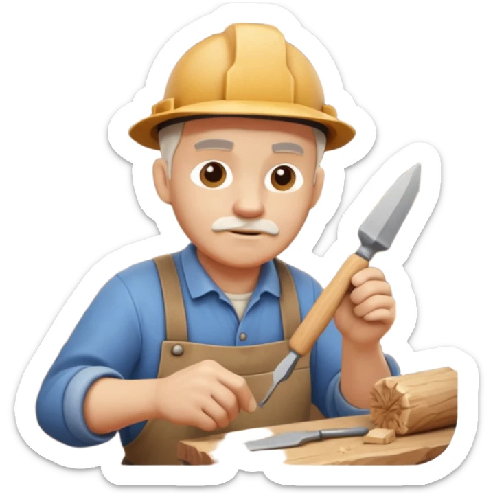 wood carving carpenter portrait, head and shoulders only, carving wooden figure with chisel, wood shavings visible, focused craftsman expression, artisan workshop vibe, 3D cartoon style, mobile game icon style, clean background, no text, no watermark
 sticker