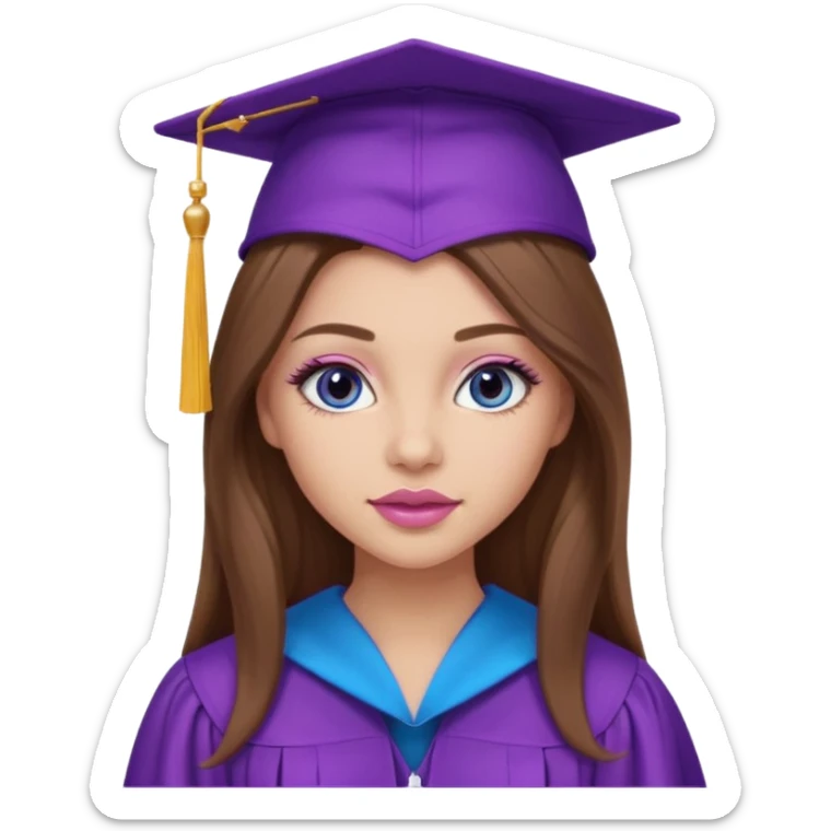 girl with gorgeous long brown hair, blue eyes, long lashes makeup, sexy pink lips, wearing a purple graduation cap and gown sticker