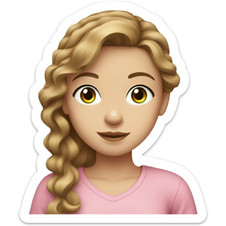 girl with wavy light brown hair, pale to tan skin and green eyes full lips. pink top showing peace sign sticker