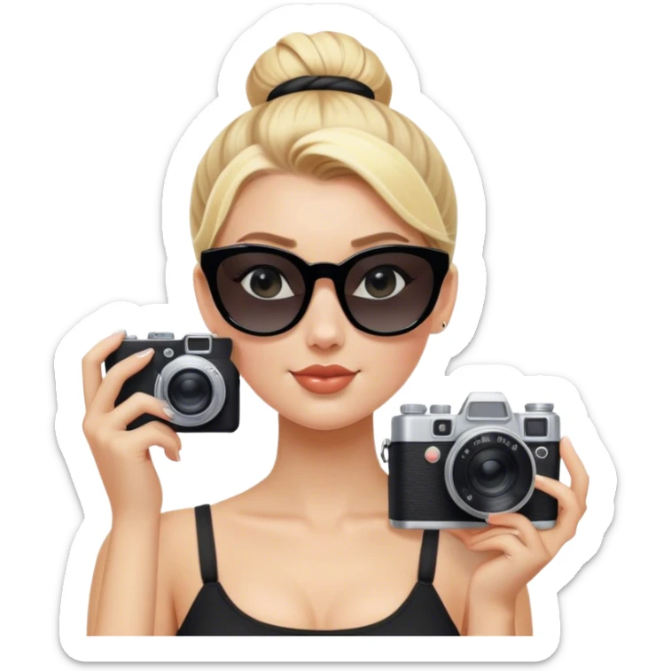 Blonde white girl with film camera wearing black sunglasses with a high bun sticker