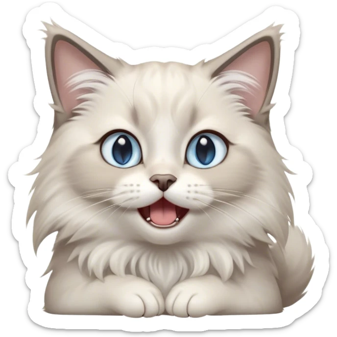Cinematic Adorable Fluffy Light Grey Mantle Ragdoll Cat Portrait Emoji, Head tilted cutely with big, sparkling blue eyes, soft light grey fur with darker points on the ears, face, and paws, Simplified yet irresistibly adorable features, highly detailed, glowing with a soft, warm glow, high shine, yawning in a peaceful and playful manner, stylized with a touch of whimsy, bright and endearing, soft glowing outline, capturing the essence of a relaxed and loving kitten, so cute it feels like it could leap out of the screen and stretch into a cozy nap! sticker