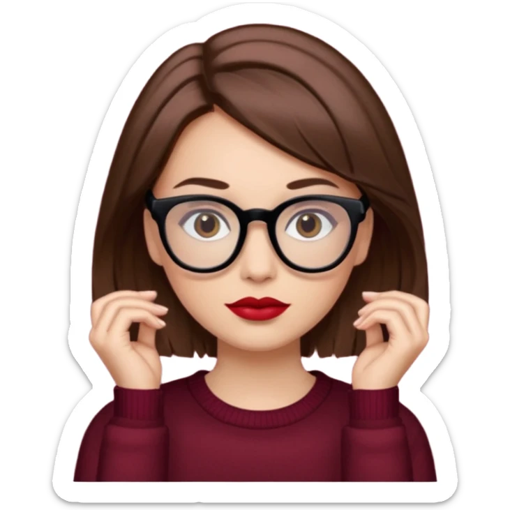 părul carre, șaten, ochii căprui, buzele roșii, ochelarii cu ramă neagră și pulover bordo sticker
