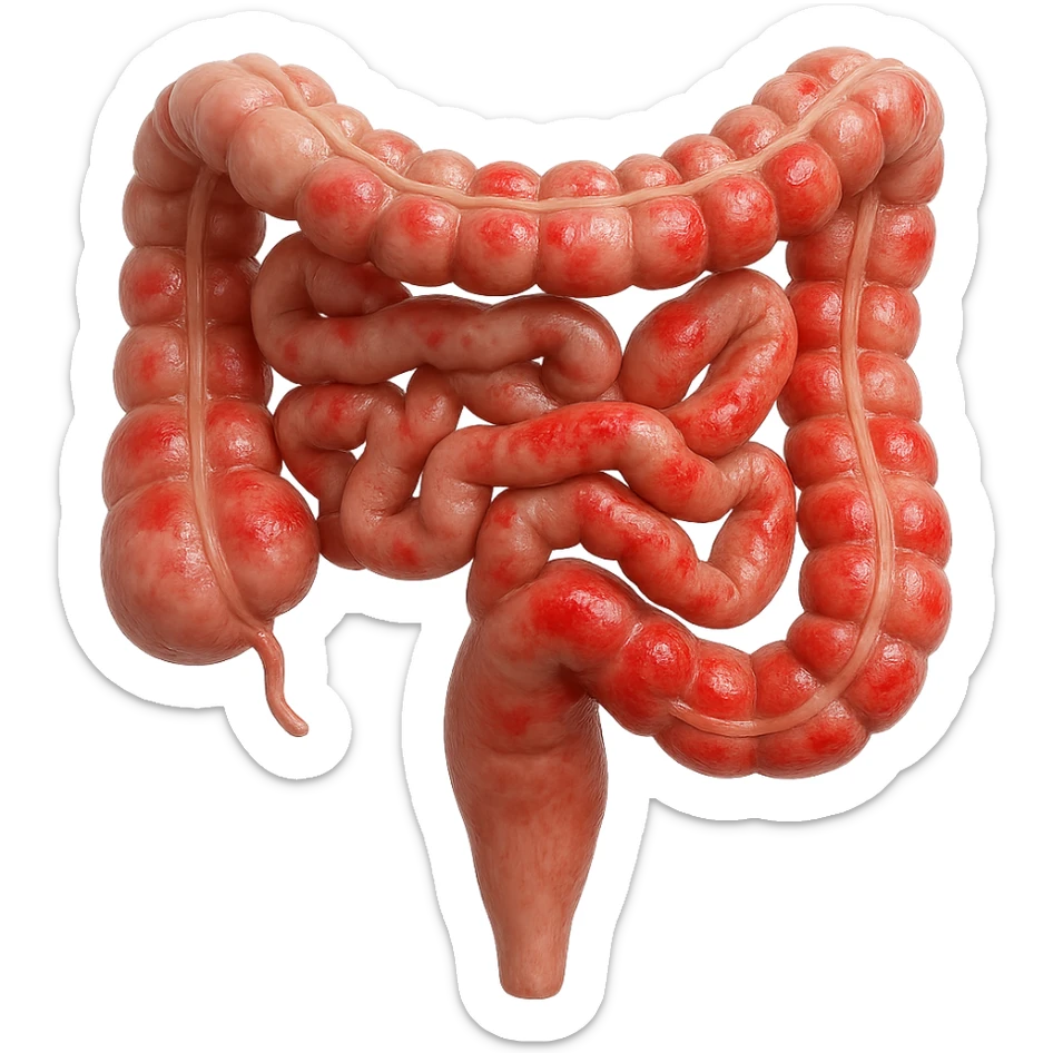 intestino umano anatomico con rossori sparsi sul colonm, iperrealistico 4k sticker