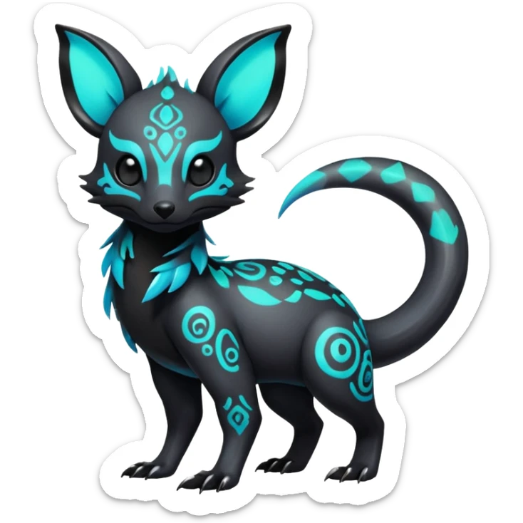 Rare futuristic bioluminescent iridescent neon glowingexotic cute epic aesthetic gothic colorful Salandit-Eevee-Trico-Civet-species-Fakemon-hybrid-creature, with intricate tattoo markings, full body sticker