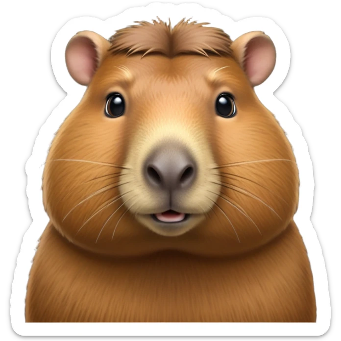 cinematic-noble-capybara-portrait-emoji,-poised-and-serene,-with-a-robust,-rounded-build-covered-in-soft,-earthy-fur-and-gentle,-wise-eyes,-simplified-yet-sharp-and-sophisticated-features,-highly-detailed,-glowing-with-a-warm,-natural-glow -simplified-yet-realistic head tilted confidently staring at the camera in a comical way sticker