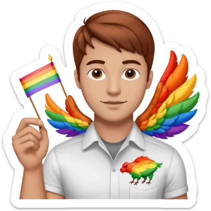 Guy with brown hair holding buffalo chicken wings and a gay pride flag sticker
