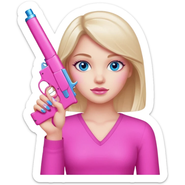 White Girl hand pink nails holding pink gun with blue eyes sticker