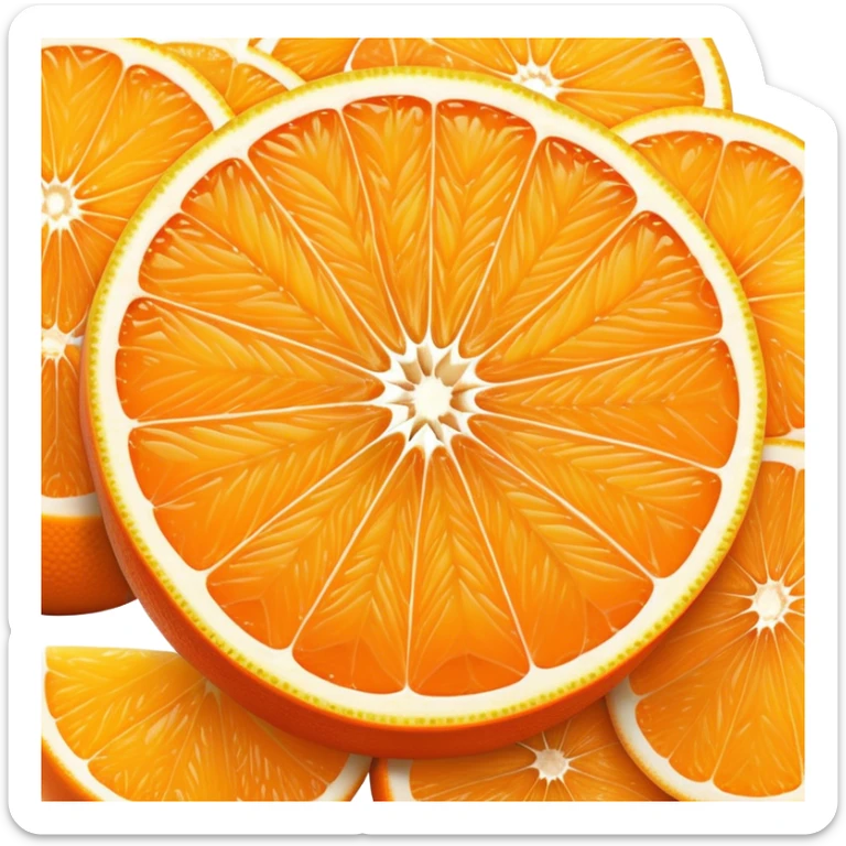 Cinematic juicy orange, sliced open to reveal glistening, bright citrus flesh, soft golden highlights, fresh and refreshing, natural and vibrant. sticker