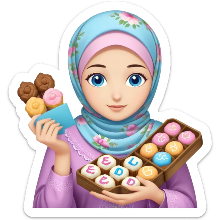 Turkish beautiful finish Konya girl blue eyes with pastel floral hijab islamic dress and had on her hand text Eid Mubarak with sweets and celebrating with her friends eid days   sticker