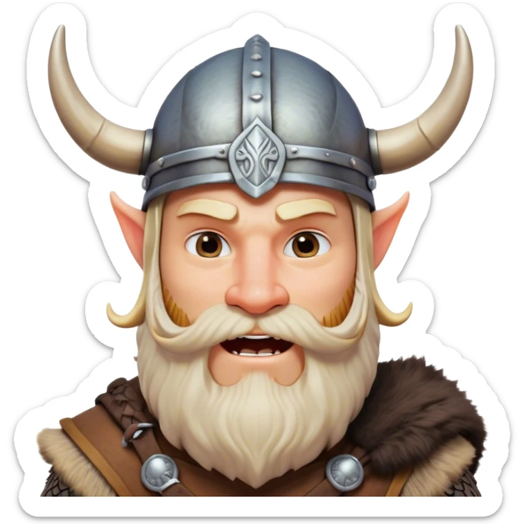 Clash of Clans aesthetic: Cinematic Comical Viking Portrait Emoji, Head tilted dramatically with an exaggerated, fun expression and wide, comically expressive eyes, featuring a rugged yet cartoonish build with a quirky Viking helmet with oversized horns and a playful beard, his face rendered in natural skin tone, Simplified yet hilariously expressive features, highly detailed, glowing with a slightly sassy, vibrant radiance, high shine, dramatic yet playful, stylized with an air of cheeky Nordic mischief, soft glowing outline, capturing the essence of a meme-worthy Viking bringing humor to epic adventures! sticker