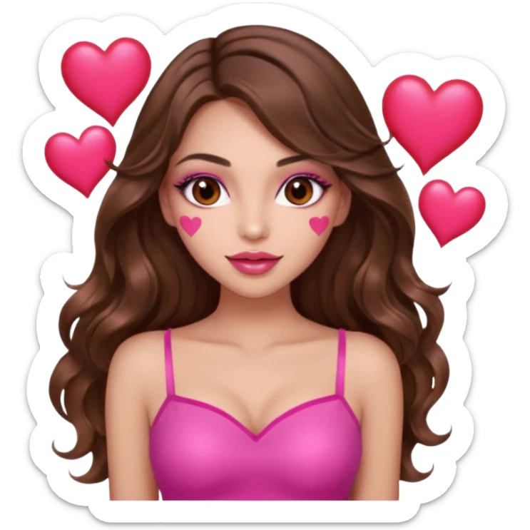 girl with long wavy brown hair, brown eyes, long lashes makeup, sexy pink lips, light to medium complexion, wearing a pink sexy top, many  hearts in hand sticker