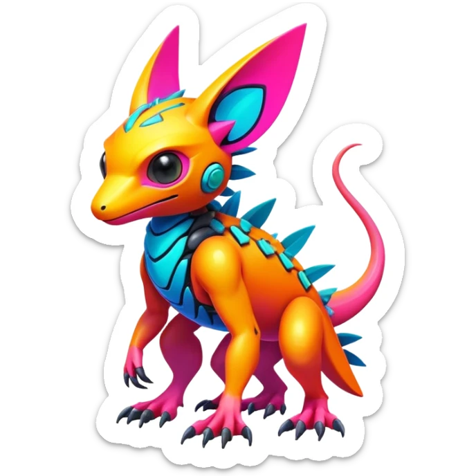 Tropical futuristic lush warm-colored modern colorful neon-colored cyber-Fakémon-Digimon-Trico-creature sticker