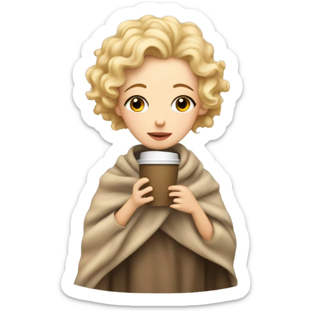 Blonde short hair curly girl inside a blanket sipping coffee eyes closed sticker