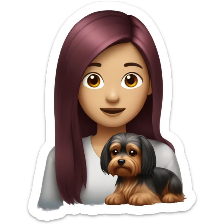 asian girl with long dark wine red hair with yorkshire terrier  sticker