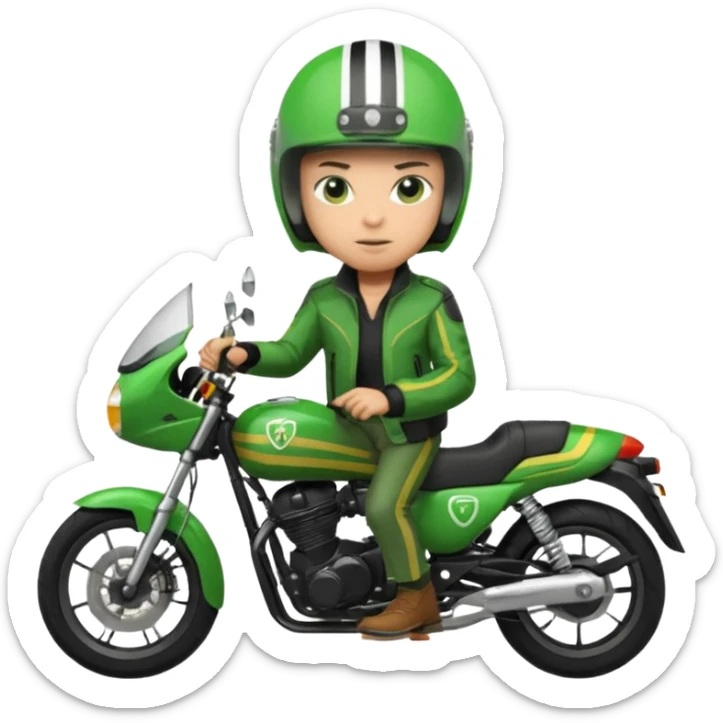 ojek online driver, using motorbike, the helmet is green. green jacket, not green motorbike (maybe a black jacket with green stripes just a little) then please make the driver not looking at "camera",  sticker