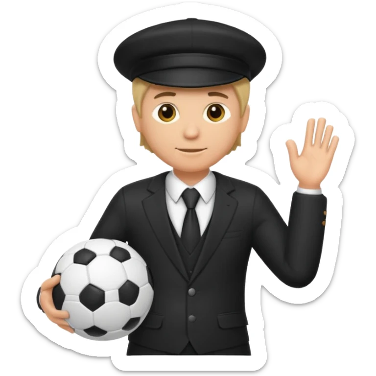 Director tecnico de futbol, con un traje negro, gorra y un balon de futbol bajo el brazo sticker