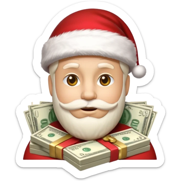 A confident rich emoji face wearing a Santa hat, money stacks, casino vibe, New Year theme, premium 3D emoji style, sharp details, no text, isolated on transparent background sticker