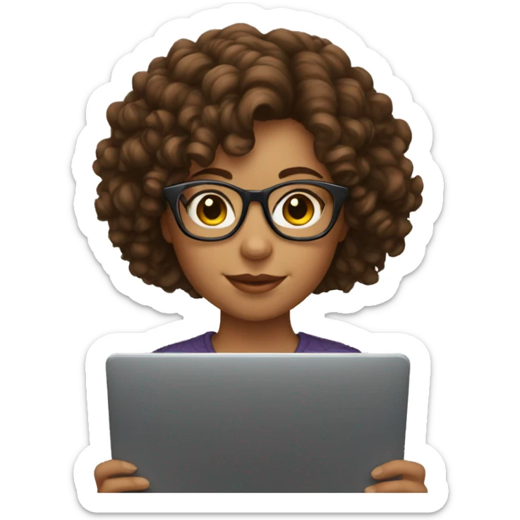Girl with glasses and brown curly hair holding a laptop  sticker