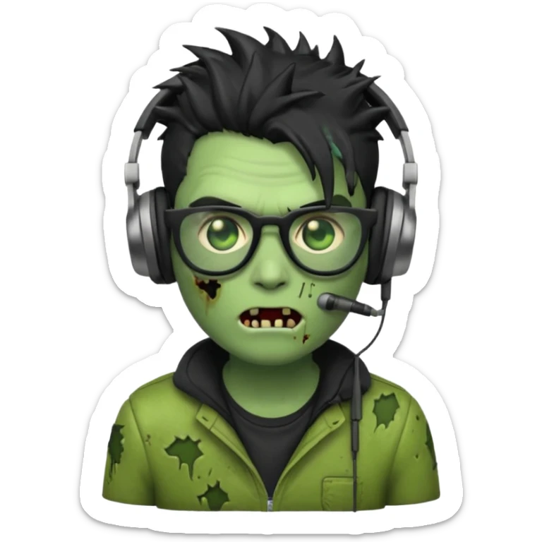 make a zombie iphone emoji with black  glasses, scratches black spiky hair and headphone, green skin
 sticker