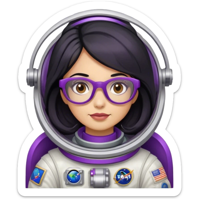 female astronaut with long black hair brown eyes and purple glasses sticker