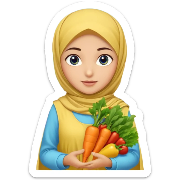Turkish beautiful finish Konya girl blue eyes with garden design yellow and lila hijabi dress and she had on her hand vegetables  sticker