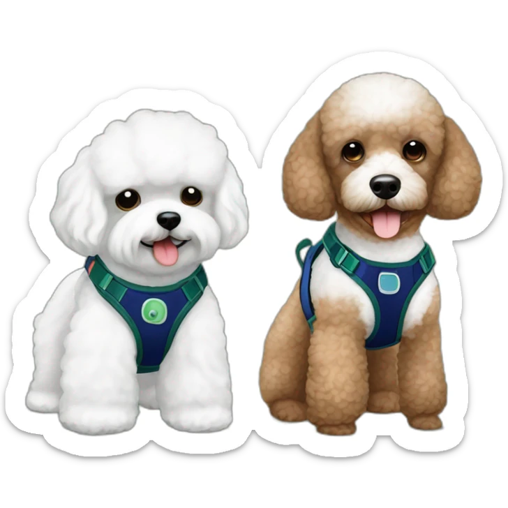 Brown toy poodle with teddy bear haircut wearing dark blue harness and all white Maltese wearing dark green harness sticker