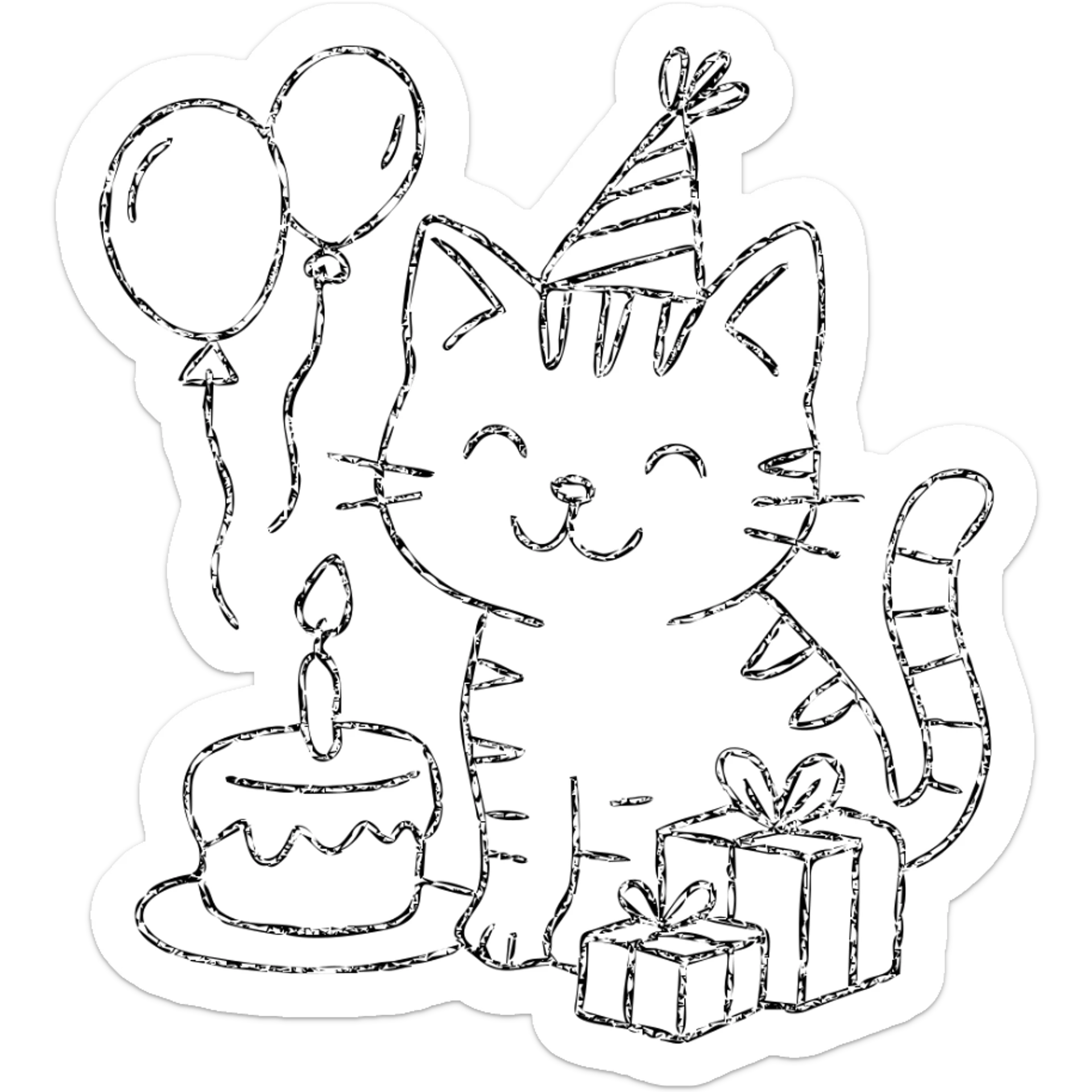 outlined icon of a ginger tabby kitten celebrating birthday, wearing a birthday hat, with birthday cake, balloons, happy expression, and gifts sticker