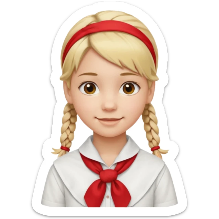 A Soviet pioneer girl emoji — smiling young girl with blonde hair tied into two short braids. She wears a white school shirt and a wide bright red pioneer neckerchief tied in a loose triangular knot at the chest (not a necktie). No suspenders, no jacket, no hat sticker