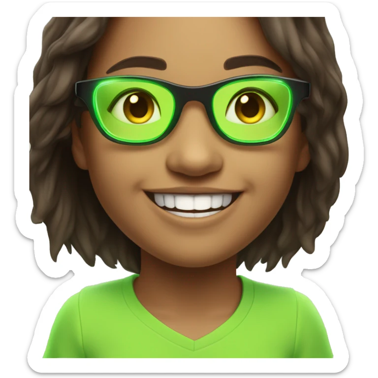 An emoji of a cute, long-haired brunette girl wearing neon green glowing glasses, smiling warmly with a cheerful expression sticker