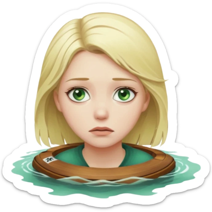 sad depressed weak cs major who is a pretty girl with blond hair and green eyes drowning on ship, very pretty very sad and weak. Near death almost dead drowning. But the pretty girl is like the whole ship and her face is on the helm. sticker