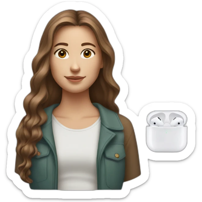 young white woman, brown long hair with reflections wearing airpods max sticker